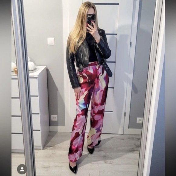 New Zara Printed High Waist Floral Trousers Pants Satin Finish 8256/157/001 - Picture 1 of 3